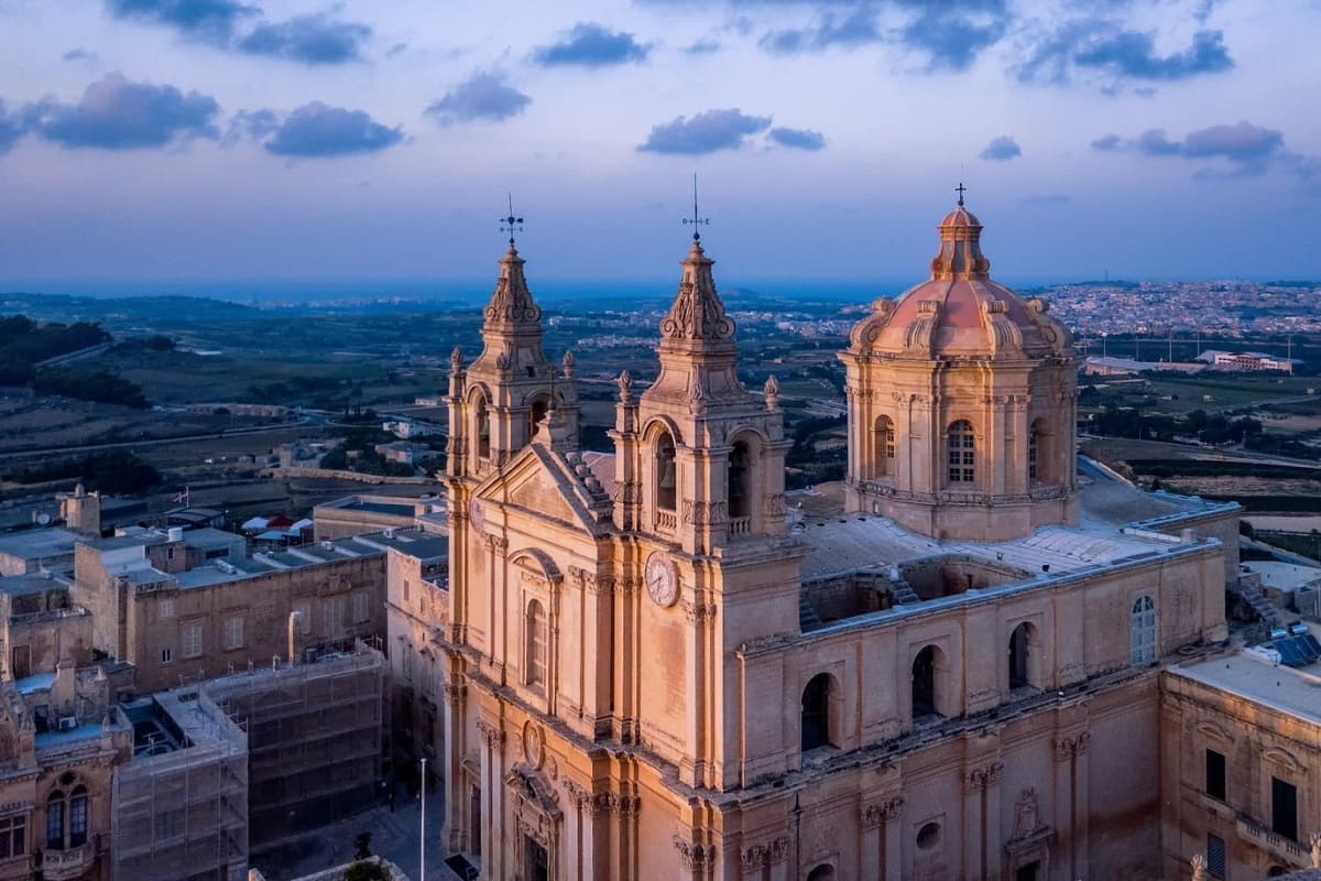 Aerial view of Mdina Cathedral at dusk - private tours in Malta